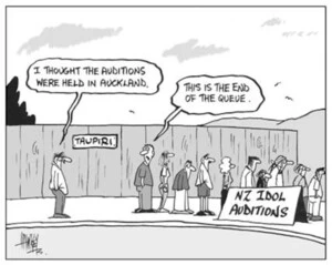 NZ Idol Auditions. Taupiri. "I thought the auditions were held in Auckland." "This is the end of the queue." 21 January, 2004.