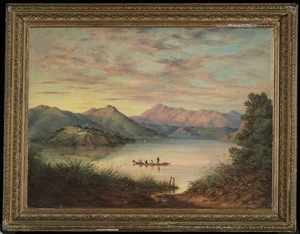 Barraud, Charles Decimus, 1822-1896 :[Lake with waka and pa on headland. ca 1870]