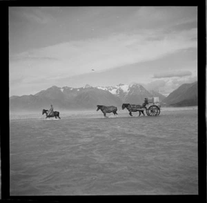 Wool bales being transported by horse and cart, across the Rakaia River