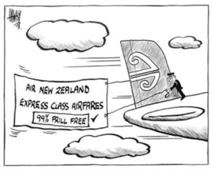 Hawkey, Allan Charles 1941- :Air New Zealand Express Class Airfares, 99% Frill Free. Waikato Times, 1 August 2002.