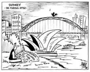 Hawkey, Allan Charles, 1941- :Sydney - the morning after. Waikato Times, 7 October 2002.