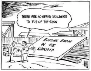 Hawkey, Allan Charles 1941- :There are no spare builders to put up the sign. Waikato Times, 17 September 2002.