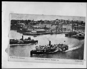 Postcard featuring ferries and Auckland waterfront, published by W Beattie & Co