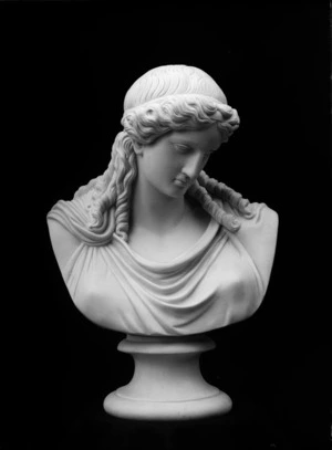 Sculptured bust of young woman with head bowed