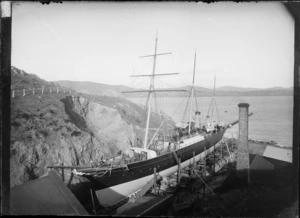 Ship 'Hinemoa' in drydock, Evans Bay patent slip, Wellington