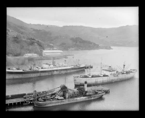 Steam ships Wye Valley, and Northumberland, and the steamship dredge Otakou at Port Chalmers