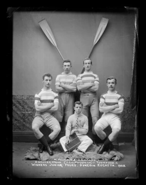 Team photograph of the Junior Fours team, Queens Drive Boat Club, winners of the Junior Fours at the Dunedin Regatta, 1905.