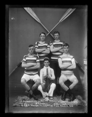 Team photograph of the Maiden Fours team, Queens Drive Boat Club, winners at the Otago Regatta, 1908.