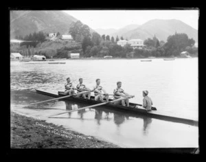 Champion crew of the Queens Drive Boat Club, in clinker boat, ca. early 1900s