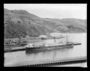 Unidentified steamship at Port Chalmers wharf.