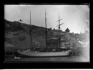 Three-masted schooner "Blitz" berthed at Port Chalmers, January 1883.