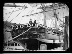 View of the stern of the sailing ship Corona, at Port Chalmers