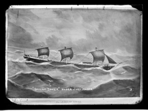 Photograph of a photograph of a painting in a book depicting the ship Dallam Tower in a storm.