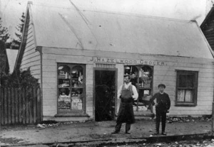 James Alfred Hazelwood in front of the Hazelwood store, Upper Hutt