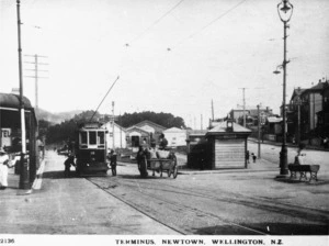 Intersection of Russell, Mansfield and Riddiford Streets, Newtown, Wellington, showing the tram terminus