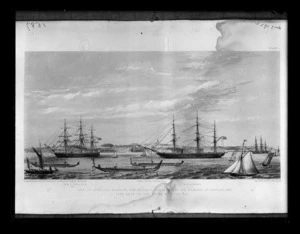 Photograph of a published engraving depicting ships and waka during the Auckland Regatta 1862