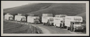 Freightways Bulk Services :Photograph of New Zealand Express Company furniture trucks taking furniture to Milford Sound Hotel c1954