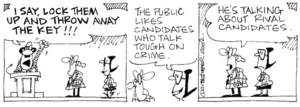 Fletcher, David, 1952- :'I SAY, LOCK THEM UP AND THROW AWAY THE KEY!!!' 'The public likes candidates who talk tough on crime.' 'He's talking about rival candidates.' The Dominion Post, 11 July, 2002.