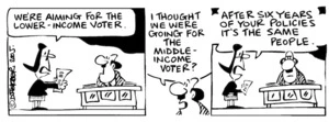 Fletcher, David, 1952- :'We're aiming for the lower-income voter.' 'I thought we were going for the middle-income voter?' 'After six years of your policies it's the same people.' Dominion Post, 7 February 2005.