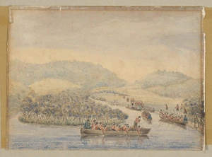 [Bridge, Cyprian], 1807-1885 :View of the landing of the troops under Major Bridge to attack the pah of the Waikadi tribe, on the morning of 16th May 1845