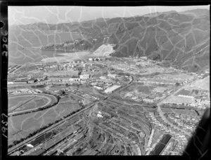 Aerial view of Gracefield, industrial area including the Hutt Park Racecourse, Hutt Park Railway Station and Waiwhetu Stream, Lower Hutt