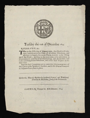 Tuesday the 27th. of December 1659. Resolved, &c. that on the fifth day of January next, this House will take into consideration the cases of all absent Members, and also how to supply the vacant places, ...