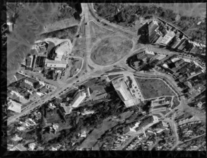 Aerial view of Lower Hutt commercial area, including the War Memorial Library building, St James Church, Town Hall and Administration building and the Hutt Recreation ground with grandstand