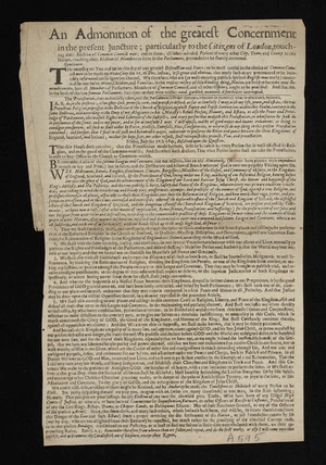 An admonition of the greatest concernment in the present juncture; particularly to the citizens of London, touching their election of Common-Councill men; and to them, all sober-minded persons of every other city, town, and county in this nation, touching their election of Members to serve in the Parliament, pretended to be shortly convened.