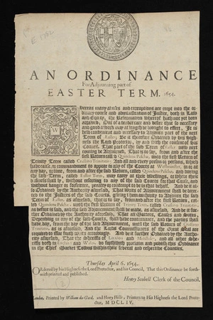 An ordinance for adjourning part of Easter term. 1654.