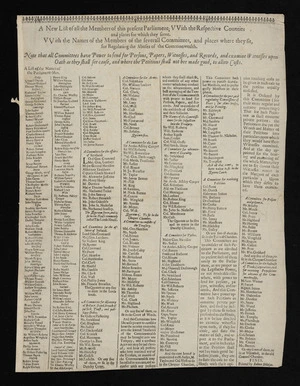 A new list of all the members of this present Parliament; vvith the respective counties and places for which they serve. VVith the names of the members of the severall committees, and places where they sit, for regulating the abuses of the Commonwealth. Note that all committees have power to send for persons, papers, witnesses, and records, and examine witnesses upon oath as they shall see cause, and where the petitions shall not bee made good, to allow costs.