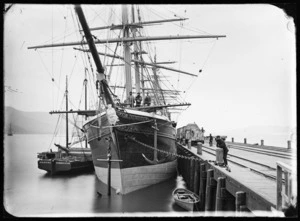 Sailing ship 'May Queen' at Port Chalmers, with the schooner 'Clutha' alongside.