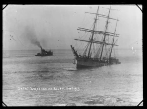 The sailing ship 'Okta' wrecked at Bluff, September 1913