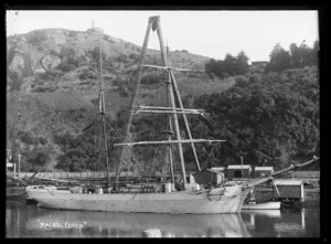 Wooden schooner 'Rachel Cohen' berthed at Port Chalmers alongside the Sheer-legs.