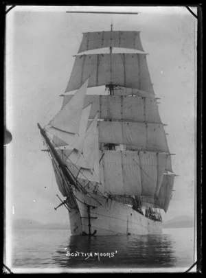 Sailing ship 'Scottish Moors' under full sail. When this photograph was taken she was actually named 'Svaland', under Norwegian ownership