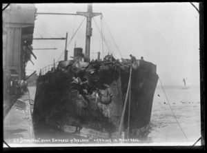 The Norwegian steamship 'Storstad', damaged after collision with the SS 'Empress of Ireland', arriving in Montreal.