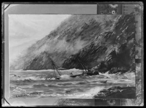 Photograph of a signed painting by E B Hayward depicting the wreck of the SS Wairarapa