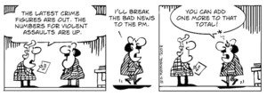 "The latest crime figures are out. The numbers for violent assaults are up." "I'll break the bad news to the PM. You can add one more to that total!" 3 October, 2008