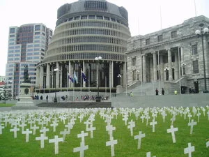 Photographs of pink crosses in Parliament Grounds, Wellington