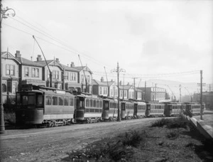 Row of electric trams, Newtown, Wellington