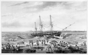 Sainson, Louis Auguste de, b. 1801 :La corvette l'Astrolabe en perdition sur des recifs. (Tonga-Tabou). A St Aulaire lith., V. Adam; de Sainson pinx. [1833]