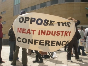 Photographs of a demonstration against a New Zealand Meat Industry conference at Te Papa, Wellington