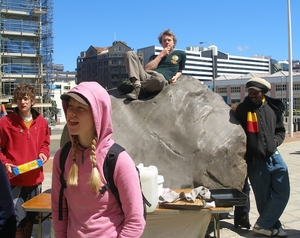 Photographs of a protest against the New Zealand Defence Industry Association's annual conference being held at Te Papa, Wellington