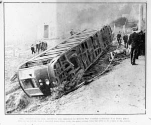 Overturned tram car after an accident on Brooklyn Road, Wellington