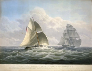 Huggins, William John, 1781-1845 :H M revenue cutter Prince George...on her voyage from London to Sydney... May 8th, 1833, chasing the French E I ship Victorine.. Engraved by C Rosenberg; painted by W J Huggins, 1836.