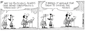 Fletcher, David, 1952- :'Why do politicians always give news conferences standing up?' 'It makes it easier for them to dodge the issues.' Dominion Post, 22 March 2004.