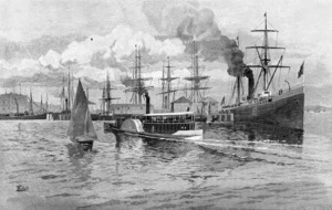 Schell, Frederic B, d. 1905 :Mail steamer leaving Auckland [Sydney; Picturesque Atlas Publishing Co. Ltd., 1886]