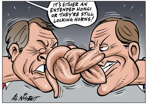 Nisbet, Alistair, 1958- :'It's either an extended hongi or they're still locking horns!' 24 November 2011