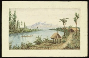 Alington, John Sydney, 1879-1941 :[Maori settlement looking across Lake Taupo to the central volcanic plateau] 1924