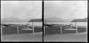 Akaroa wharves, including gun of HMS Britomart, Banks Peninsula