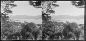 A view over across trees and houses towards the harbour, Akaroa, Banks Peninsula